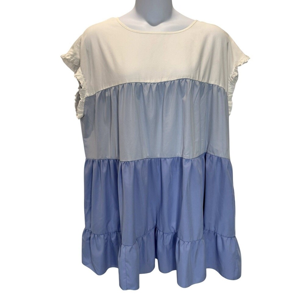 Women’s Plus Size 3XL Tiered Ruffle Blue White Colorblock Mini Dress SHEIN Curve